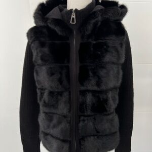 RIZAL Black Fur & Ribbed Sleeve Sweater Zip Hooded Jacket